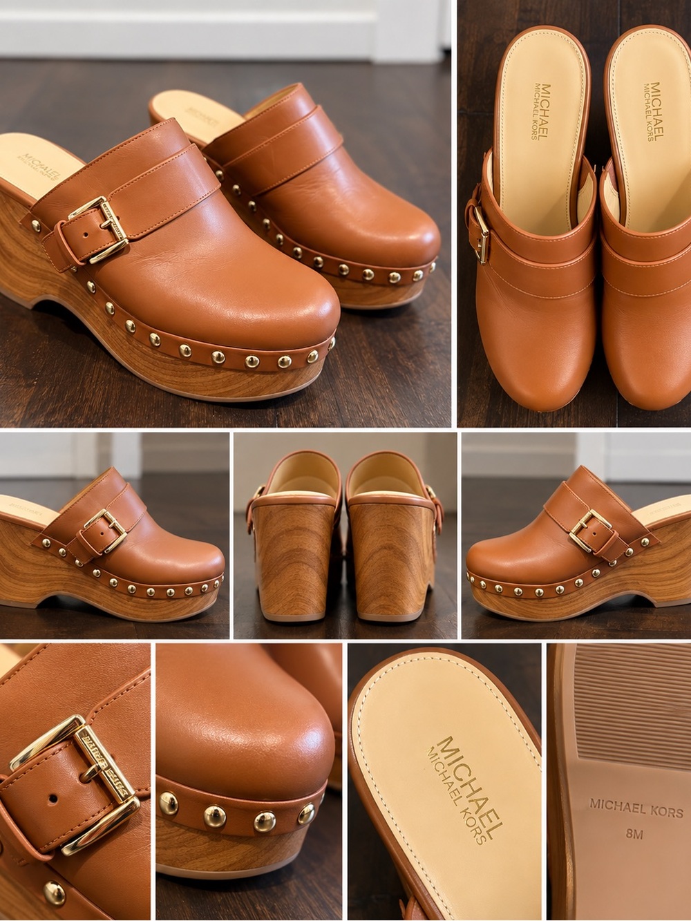 Michael Kors Cognac Leather Studded Platform Clogs Wedges Size 8 UK / 10 US 41